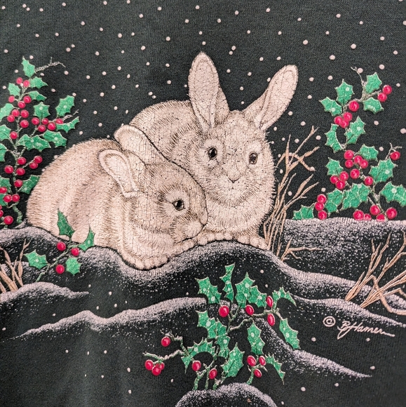 VINTAGE Morning Sun bunnies & Holly holiday Christmas sweatshirt crewneck - Picture 6 of 11